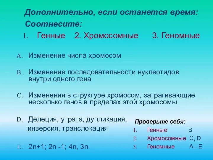 Изменение числа хромосом Изменение последовательности нуклеотидов внутри одного гена Изменения в