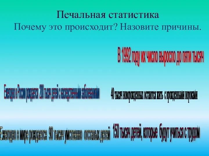 Печальная статистика Почему это происходит? Назовите причины. Ежегодно в России рождается