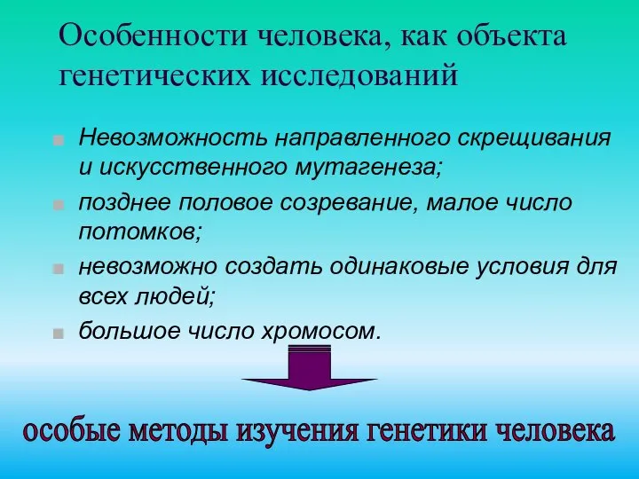 Особенности человека, как объекта генетических исследований Невозможность направленного скрещивания и искусственного