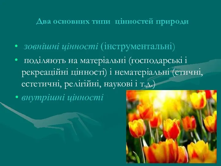 Два основних типи цінностей природи зовнішні цінності (інструментальні) поділяють на матеріальні