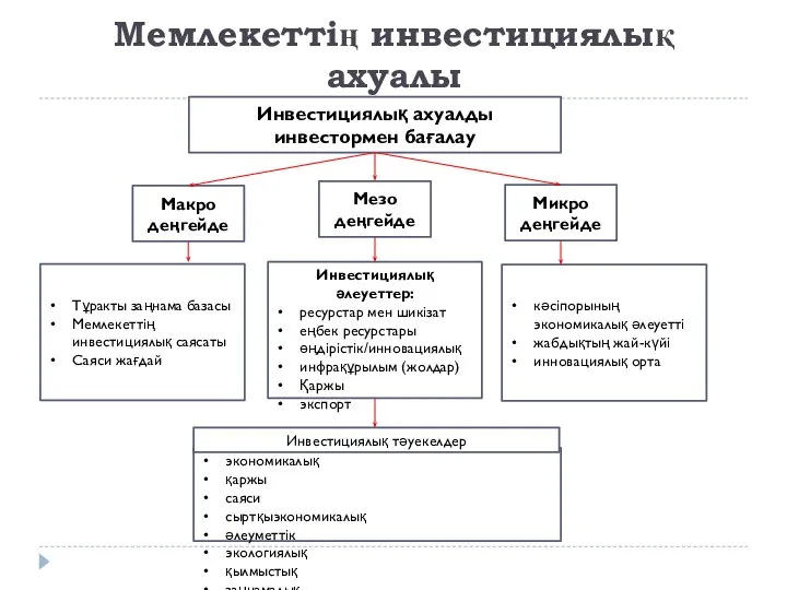 Мемлекеттің инвестициялық ахуалы Инвестициялық ахуалды инвестормен бағалау Мезо деңгейде Макро деңгейде