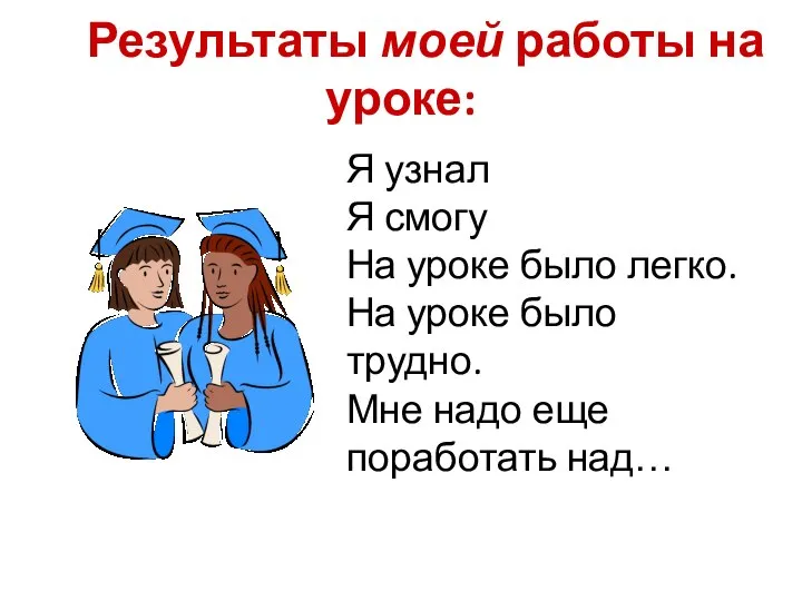 Результаты моей работы на уроке: Я узнал Я смогу На уроке