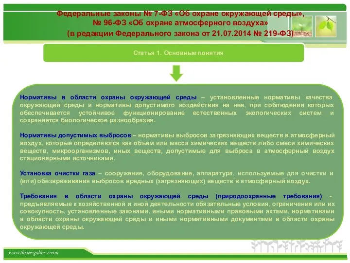 Федеральные законы № 7-ФЗ «Об охране окружающей среды», № 96-ФЗ «Об