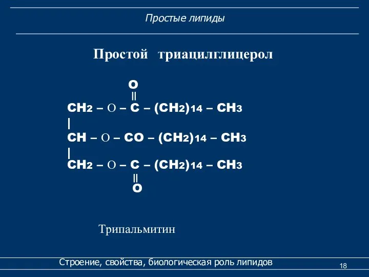 Строение, свойства, биологическая роль липидов Простой триацилглицерол Простые липиды O ||