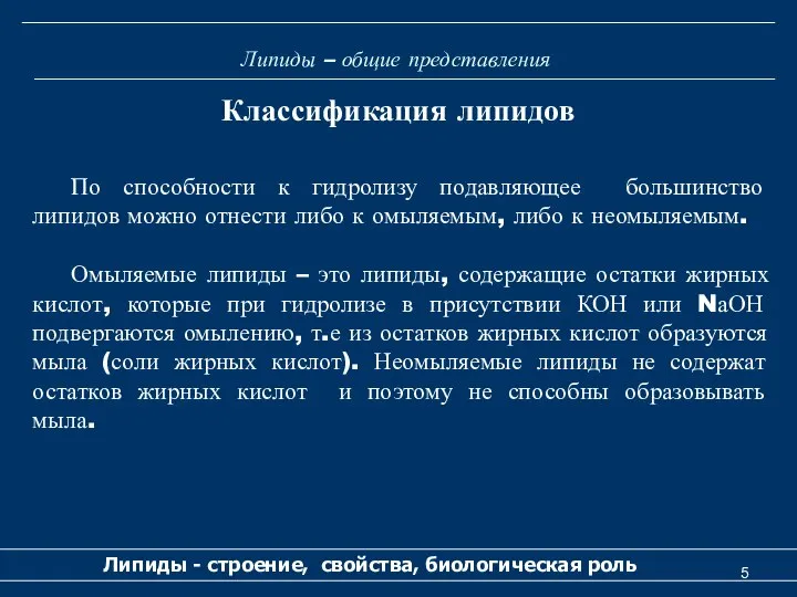 Липиды – общие представления Липиды - строение, свойства, биологическая роль Классификация