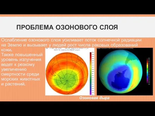 ПРОБЛЕМА ОЗОНОВОГО СЛОЯ Ослабление озонового слоя усиливает поток солнечной радиации на