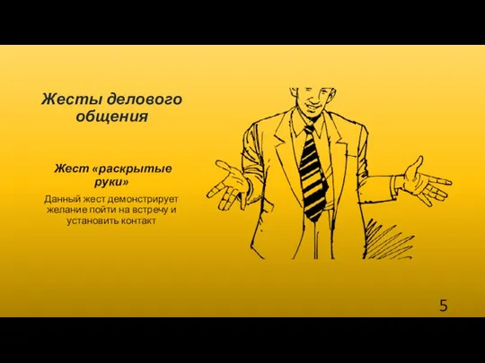 Жесты делового общения Жест «раскрытые руки» Данный жест демонстрирует желание пойти на встречу и установить контакт