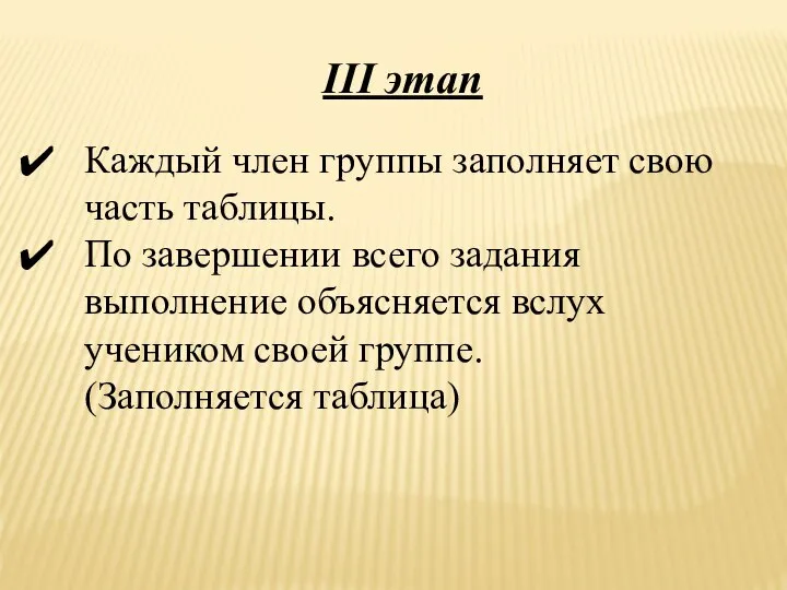 III этап Каждый член группы заполняет свою часть таблицы. По завершении