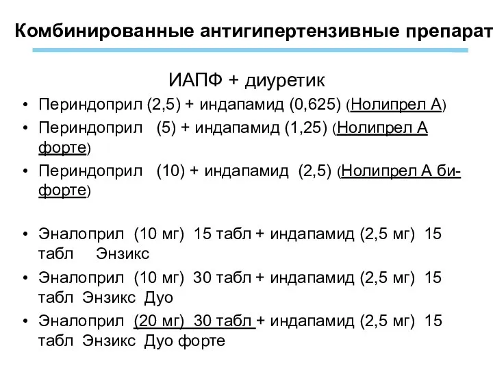 Комбинированные антигипертензивные препараты ИАПФ + диуретик Периндоприл (2,5) + индапамид (0,625)