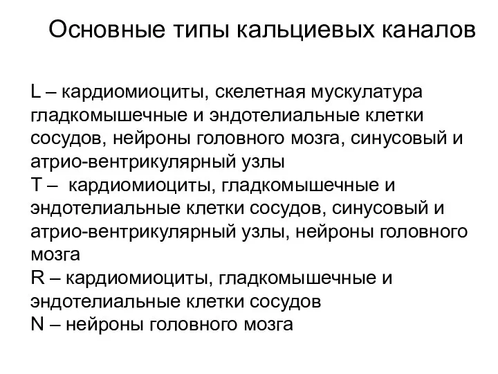 Основные типы кальциевых каналов L – кардиомиоциты, скелетная мускулатура гладкомышечные и