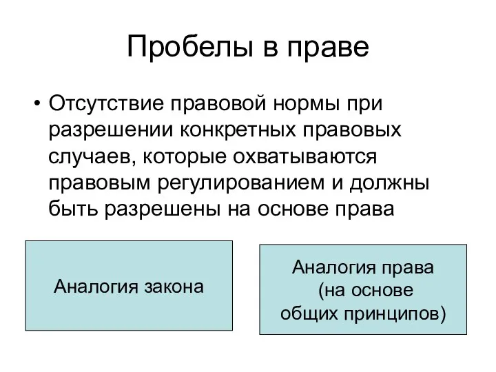 Пробелы в праве Отсутствие правовой нормы при разрешении конкретных правовых случаев,