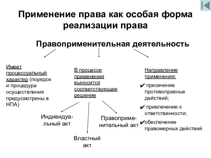 Применение права как особая форма реализации права Правоприменительная деятельность Имеет процессуальный