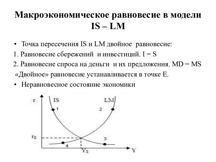 Макроэкономическое равновесие в модели IS – LM Точка пересечения IS и