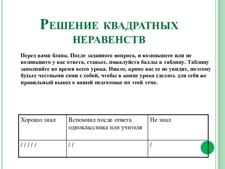 Решение квадратных неравенств Перед вами бланк. После заданного вопроса, и возникшего