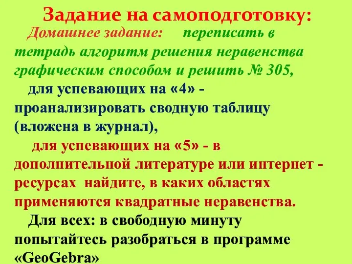 Задание на самоподготовку: Домашнее задание: переписать в тетрадь алгоритм решения неравенства