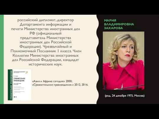 МАРИЯ ВЛАДИМИРОВНА ЗАХАРОВА российский дипломат, директор Департамента информации и печати Министерства