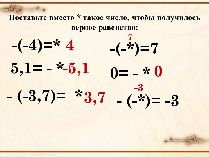 Поставьте вместо * такое число, чтобы получилось верное равенство: -(-4)=* 4