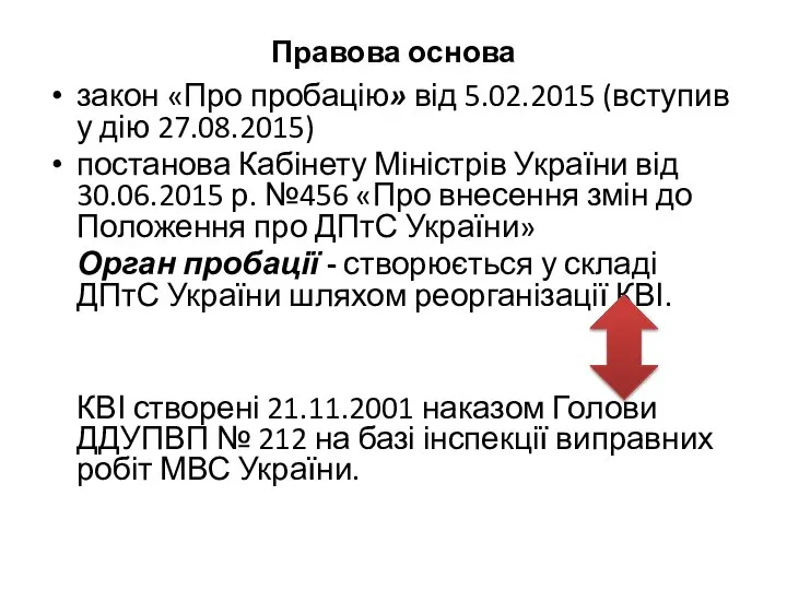 Правова основа закон «Про пробацію» від 5.02.2015 (вступив у дію 27.08.2015)