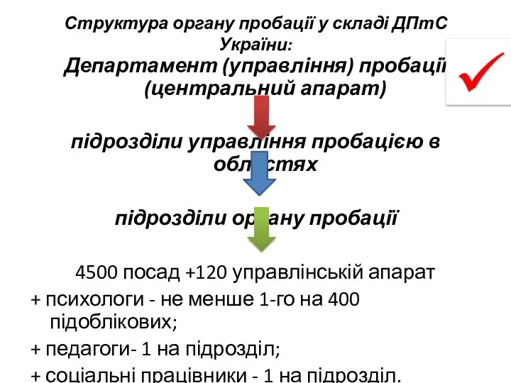 Структура органу пробації у складі ДПтС України: Департамент (управління) пробації (центральний