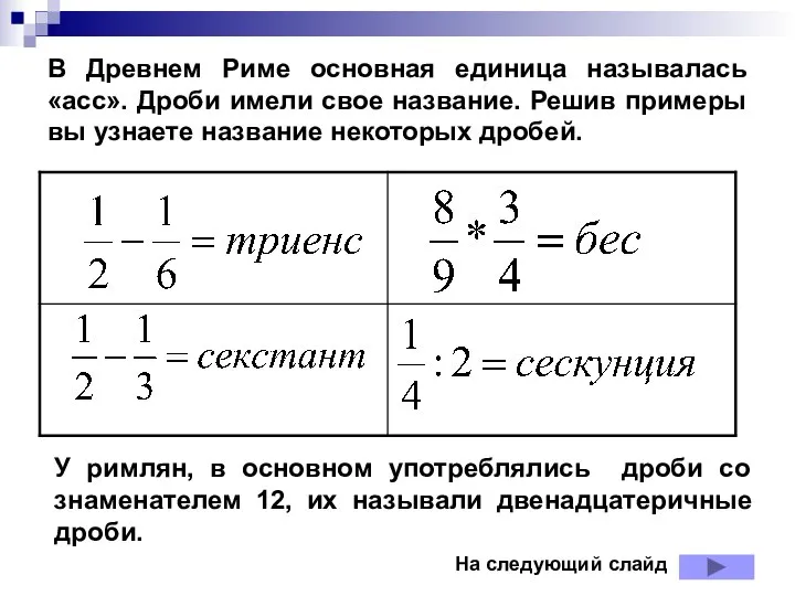 В Древнем Риме основная единица называлась «асс». Дроби имели свое название.