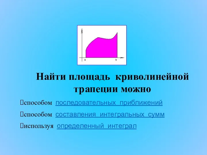 Найти площадь криволинейной трапеции можно способом последовательных приближений способом составления интегральных сумм используя определенный интеграл