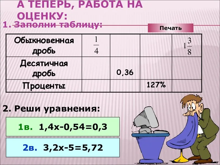 А ТЕПЕРЬ, РАБОТА НА ОЦЕНКУ: 1. Заполни таблицу: 2. Реши уравнения: 1в. 1,4х-0,54=0,3 2в. 3,2х-5=5,72 Печать