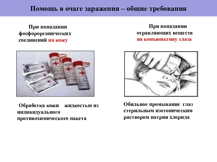 Помощь в очаге заражения – общие требования Обработка кожи жидкостью из