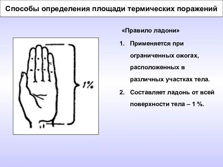 Способы определения площади термических поражений «Правило ладони» Применяется при ограниченных ожогах,