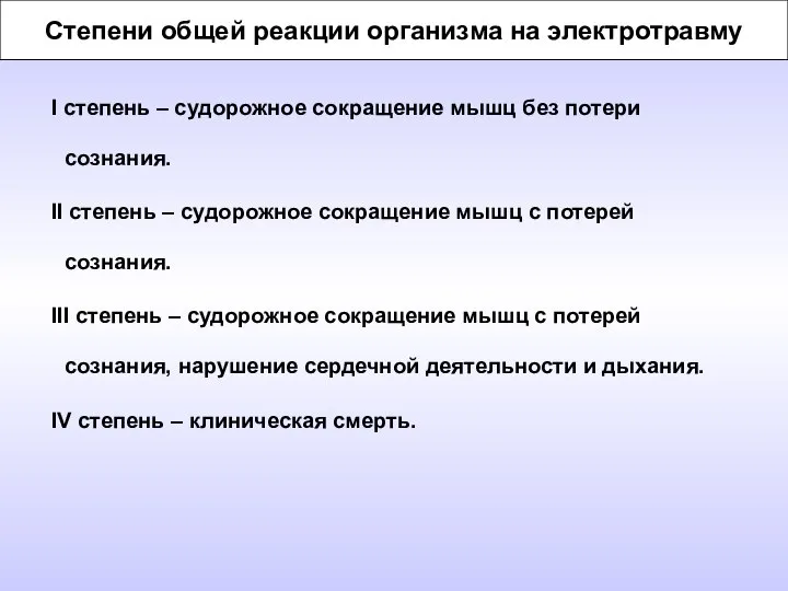 Степени общей реакции организма на электротравму I степень – судорожное сокращение