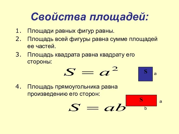 Свойства площадей: Площади равных фигур равны. Площадь всей фигуры равна сумме