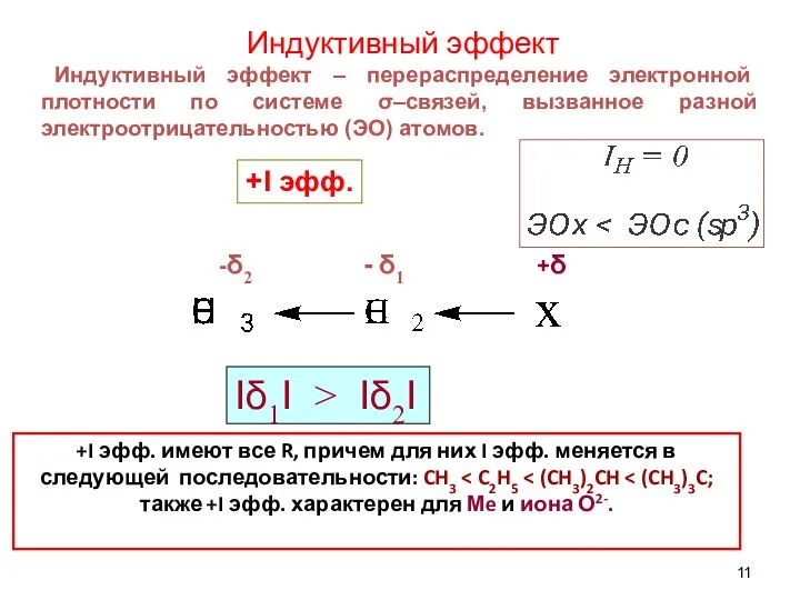 Индуктивный эффект Индуктивный эффект – перераспределение электронной плотности по системе σ–связей,