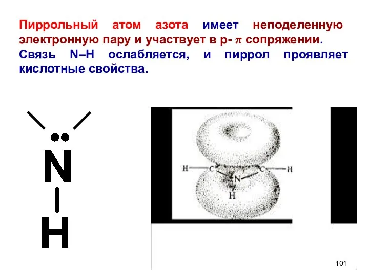 Пиррольный атом азота имеет неподеленную электронную пару и участвует в р-