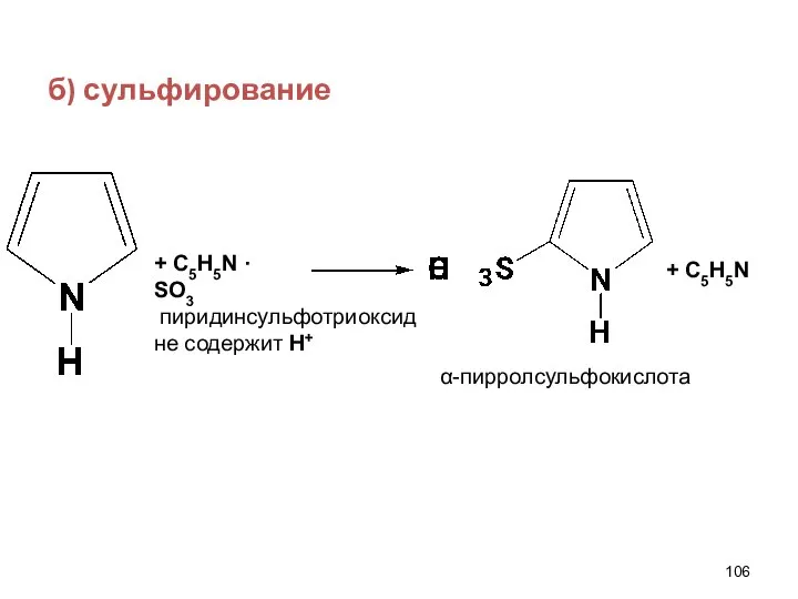 б) сульфирование + С5Н5N · SO3 + С5H5N пиридинсульфотриоксид не содержит Н+ α-пирролсульфокислота