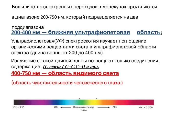 Большинство электронных переходов в молекулах проявляются в диапазоне 200-750 нм, который