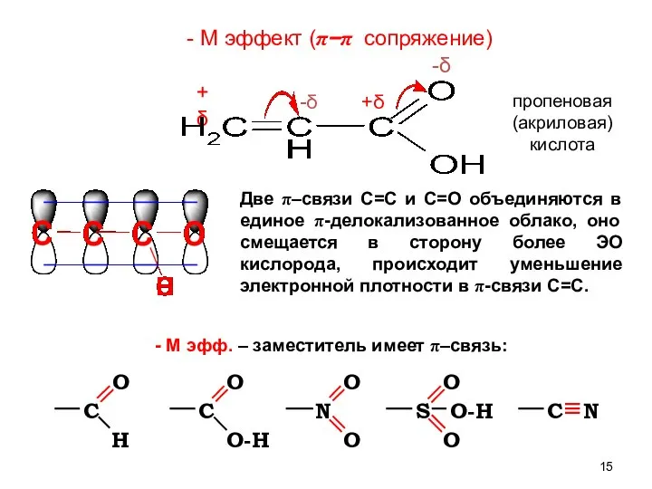 - М эфф. – заместитель имеет π–связь: Две π–связи С=С и