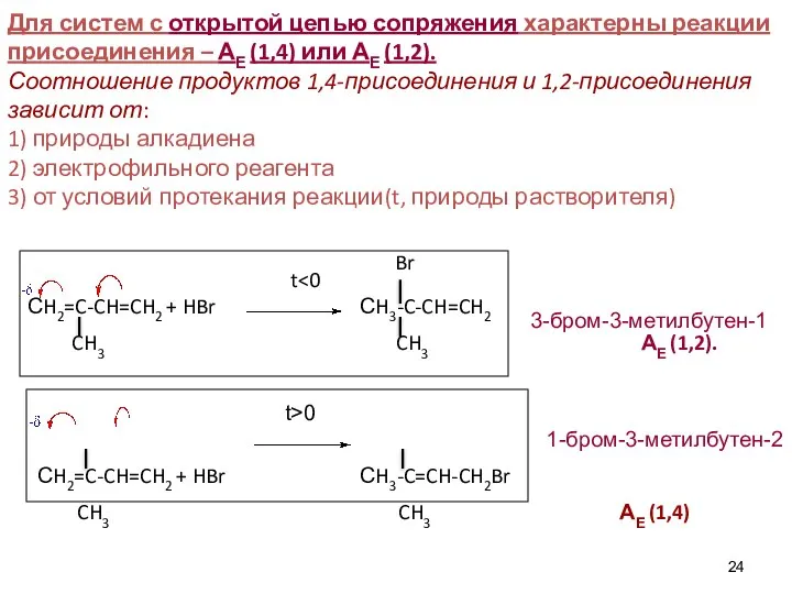 Br t СH2=C-CH=CH2 + HBr СH3-C-CH=CH2 CH3 CH3 АЕ (1,2). СH2=C-CH=CH2