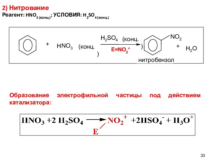 2) Нитрование Реагент: HNO3 (конц.); УСЛОВИЯ: H2SO4 (конц.) E=NO2+ Образование электрофильной частицы под действием катализатора: