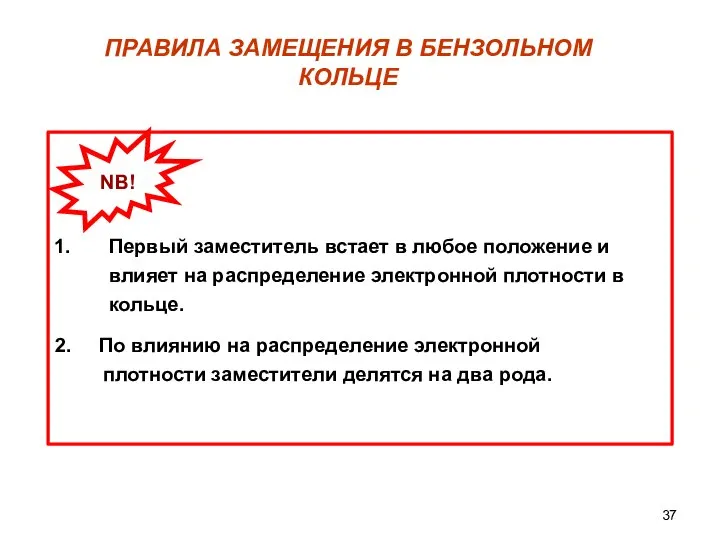 ПРАВИЛА ЗАМЕЩЕНИЯ В БЕНЗОЛЬНОМ КОЛЬЦЕ Первый заместитель встает в любое положение