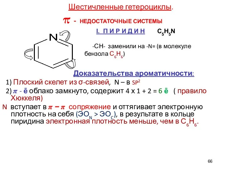 Шестичленные гетероциклы. π - НЕДОСТАТОЧНЫЕ СИСТЕМЫ -СН- заменили на -N= (в