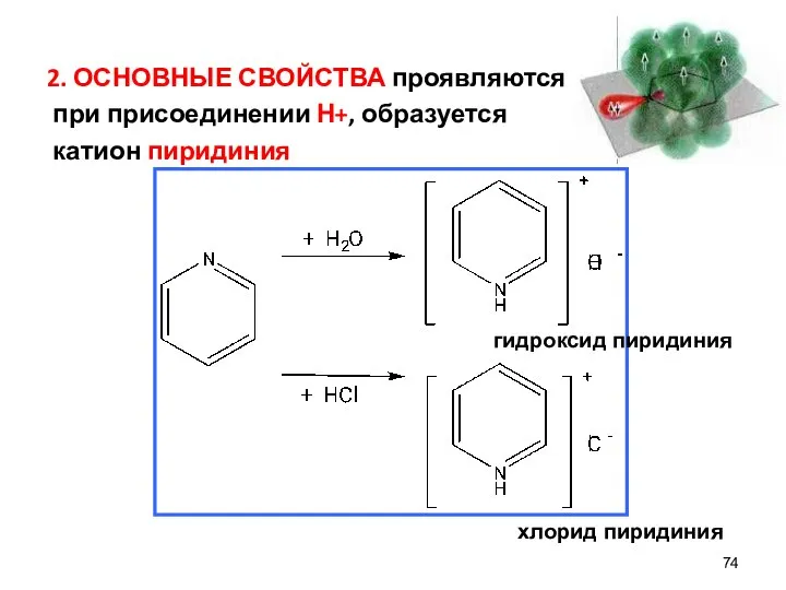 2. ОСНОВНЫЕ СВОЙСТВА проявляются при присоединении Н+, образуется катион пиридиния гидроксид пиридиния хлорид пиридиния