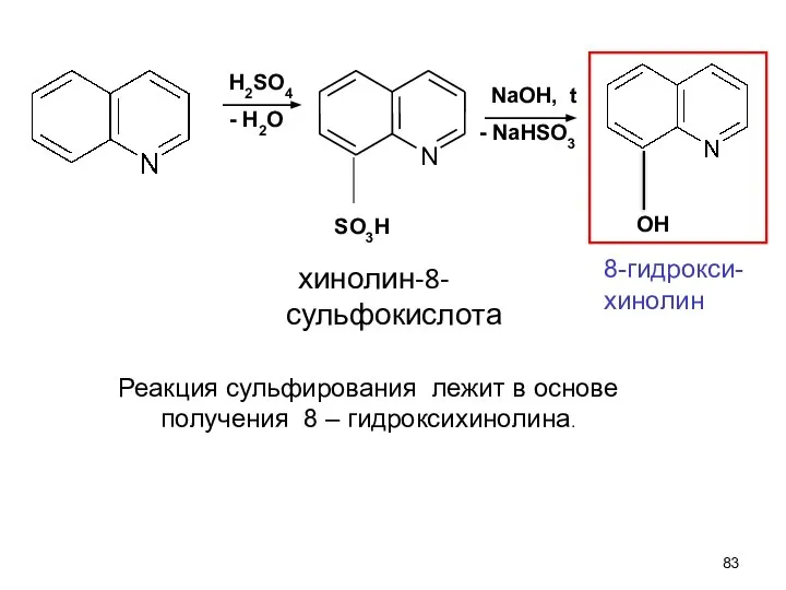 хинолин-8-сульфокислота H2SO4 - H2O NaOH, t - NaHSO3 Реакция сульфирования лежит