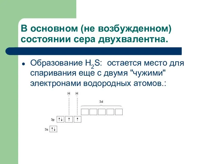 В основном (не возбужденном) состоянии сера двухвалентна. Образование H2S: остается место