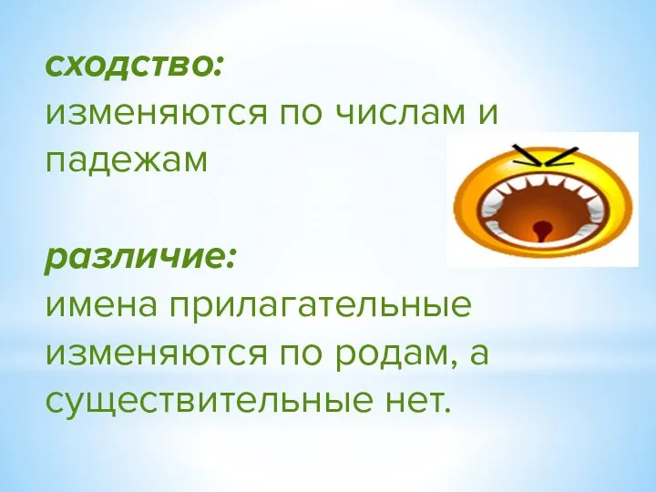 сходство: изменяются по числам и падежам различие: имена прилагательные изменяются по родам, а существительные нет.