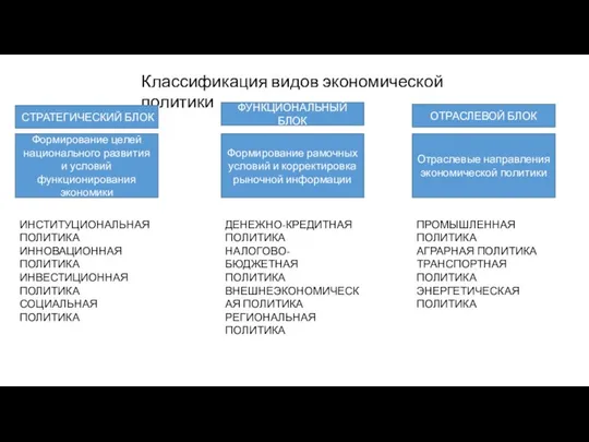 Классификация видов экономической политики Формирование целей национального развития и условий функционирования