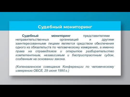 Судебный мониторинг Судебный мониторинг представителями неправительственных организаций и другими заинтересованными лицами