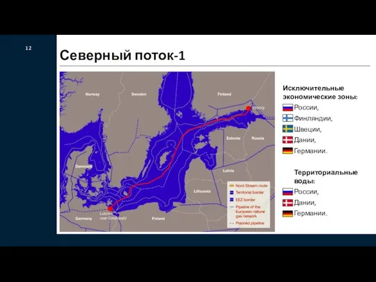 12 Северный поток-1 Исключительные экономические зоны: России, Финляндии, Швеции, Дании, Германии. Территориальные воды: России, Дании, Германии.