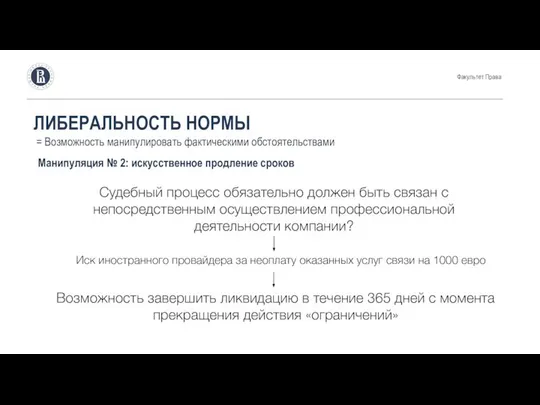 Факультет Права ЛИБЕРАЛЬНОСТЬ НОРМЫ = Возможность манипулировать фактическими обстоятельствами Манипуляция №