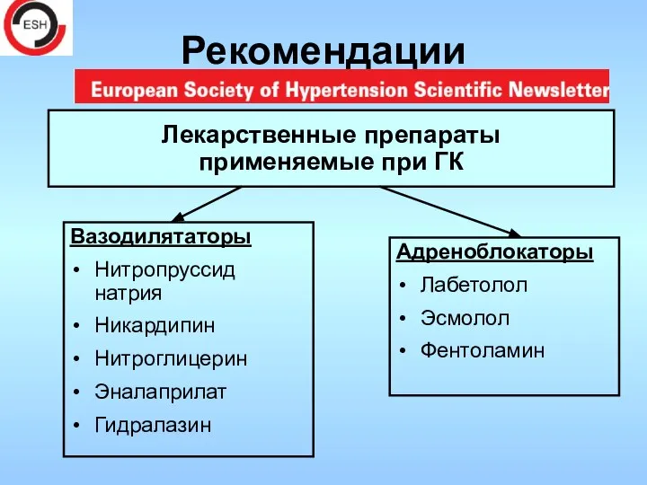 Лекарственные препараты применяемые при ГК Вазодилятаторы Нитропруссид натрия Никардипин Нитроглицерин Эналаприлат