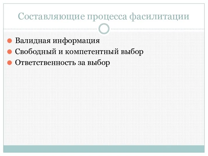 Составляющие процесса фасилитации Валидная информация Свободный и компетентный выбор Ответственность за выбор