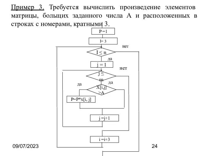 09/07/2023 Пример 3. Требуется вычислить произведение элементов матрицы, больщих заданного числа